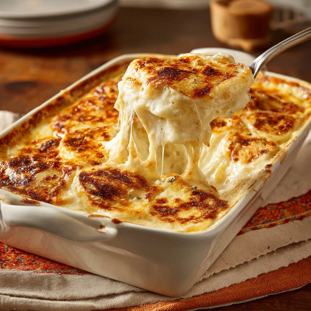 Kartoffel-Gratin à la Crème, eine Gabel hebt ein Stück des cremigen Gratins heraus, das von geschmolzenem Käse durchzogen ist.