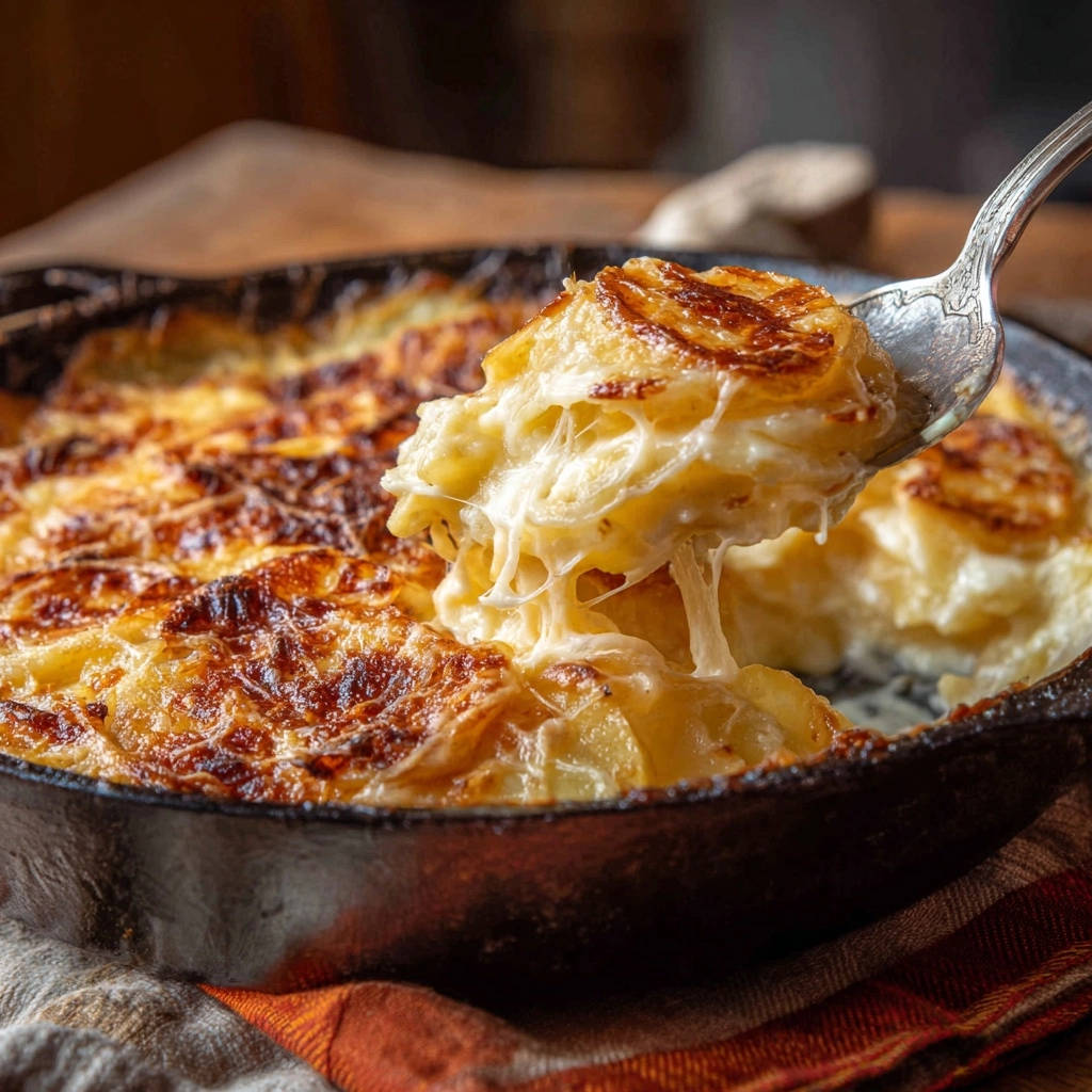 Kartoffelgratin mit Käse und karamellisierten Zwiebeln, eine Gabel hebt cremige Portionen aus der Pfanne.