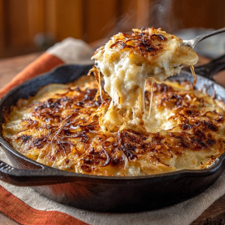 Kartoffelgratin mit Käse und karamellisierten Zwiebeln, das heiss mit geschmolzenem Käse aus einer Gusseisenpfanne serviert wird.