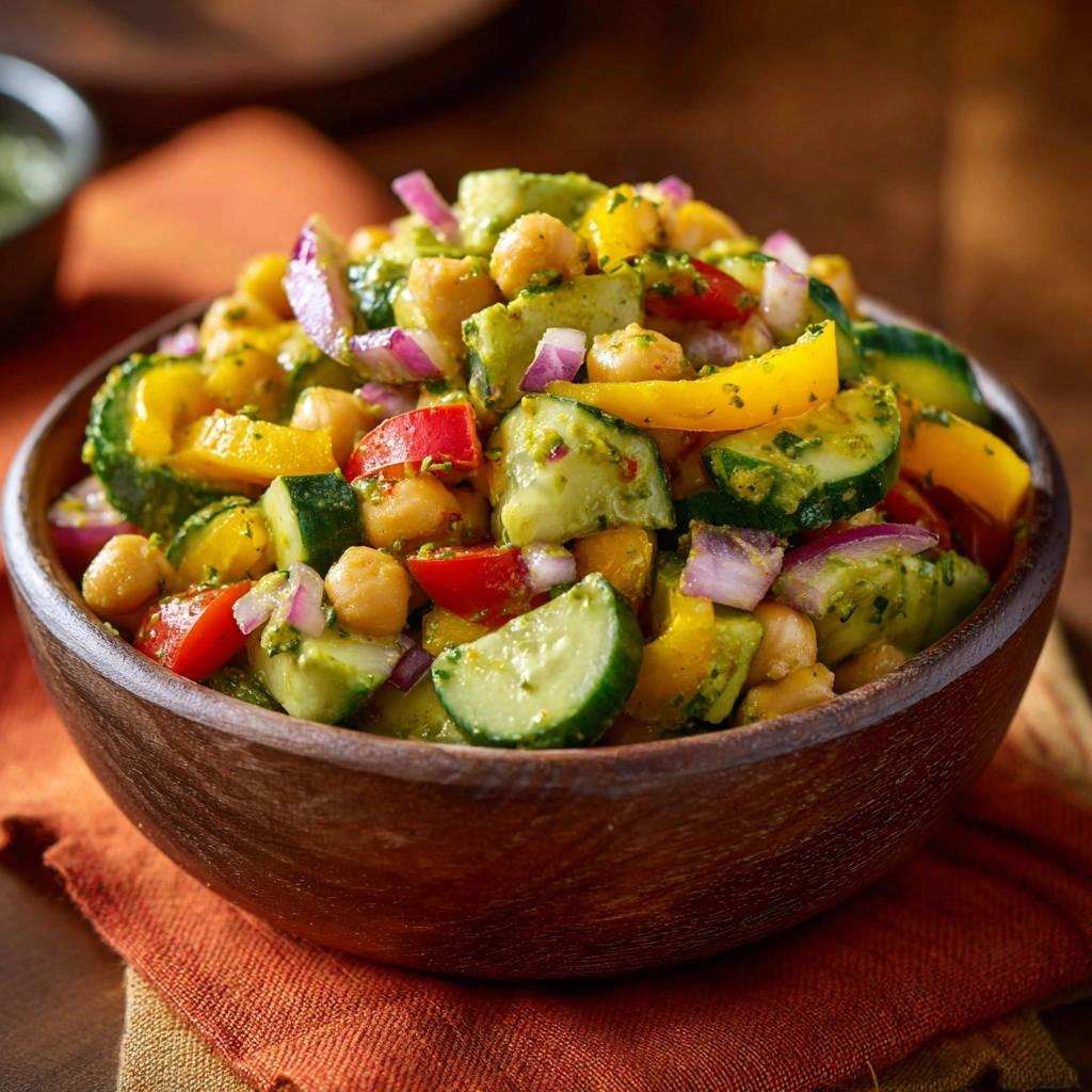 Frischer Kichererbsen-Avocado-Salat mit Gemüse, nah aufgenommen in einer rustikalen Holzschale mit orangenem Tuch.