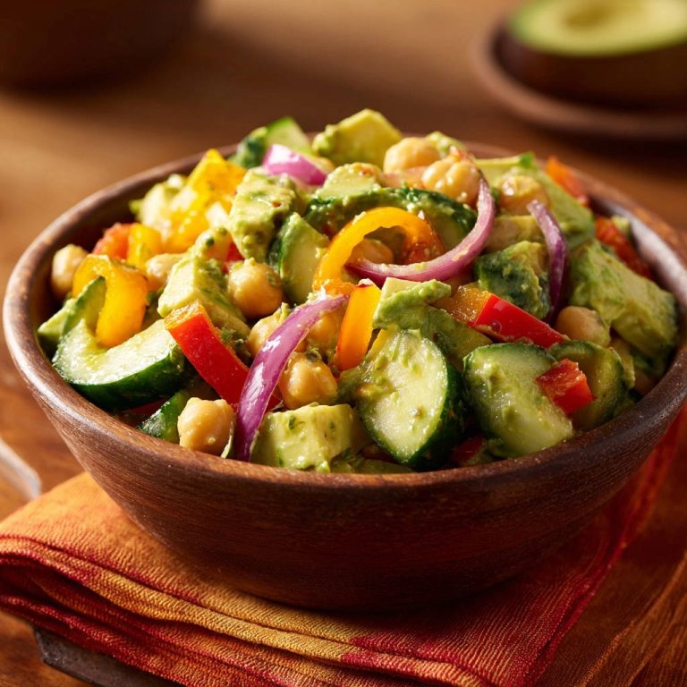 Frischer Kichererbsen-Avocado-Salat in einer Holzschale mit Gurken, Paprika und roten Zwiebeln, Nahaufnahme