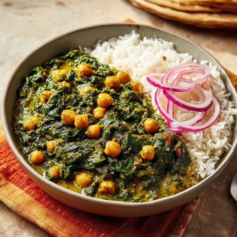 Cremiges Kichererbsen-Spinat-Curry mit Reis, serviert in einer Schüssel mit roten Zwiebelringen als Garnitur.