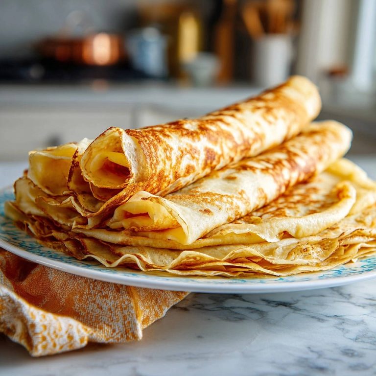 Klassische Crêpes auf einem Teller gestapelt, Nahaufnahme der goldbraunen, gerollten Pfannkuchen mit sichtbarer Füllung.
