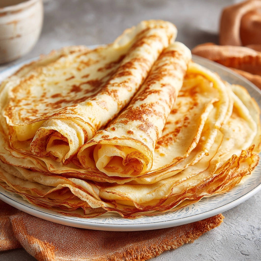 Klassische Crêpes, gestapelt und teilweise zu Rollen geformt, zeigen ihre zarte Textur und goldbraunen Ränder auf einem Teller.