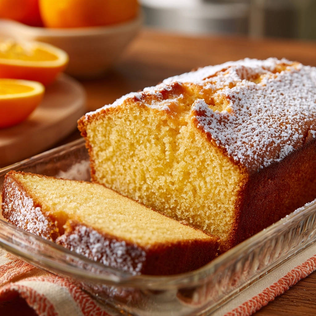 Klassischer Orangenkuchen angeschnitten mit Puderzucker bestäubt, zeigt die saftige und lockere Krume im Detail.