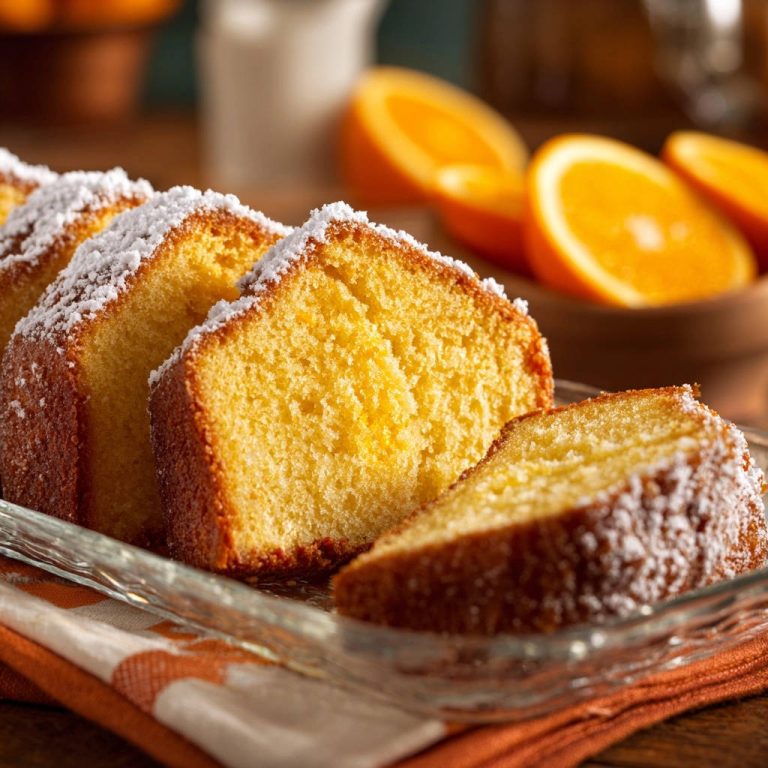 Klassischer Orangenkuchen angeschnitten auf einer Glasplatte, mit Puderzucker bestäubt und Orangen im Hintergrund.