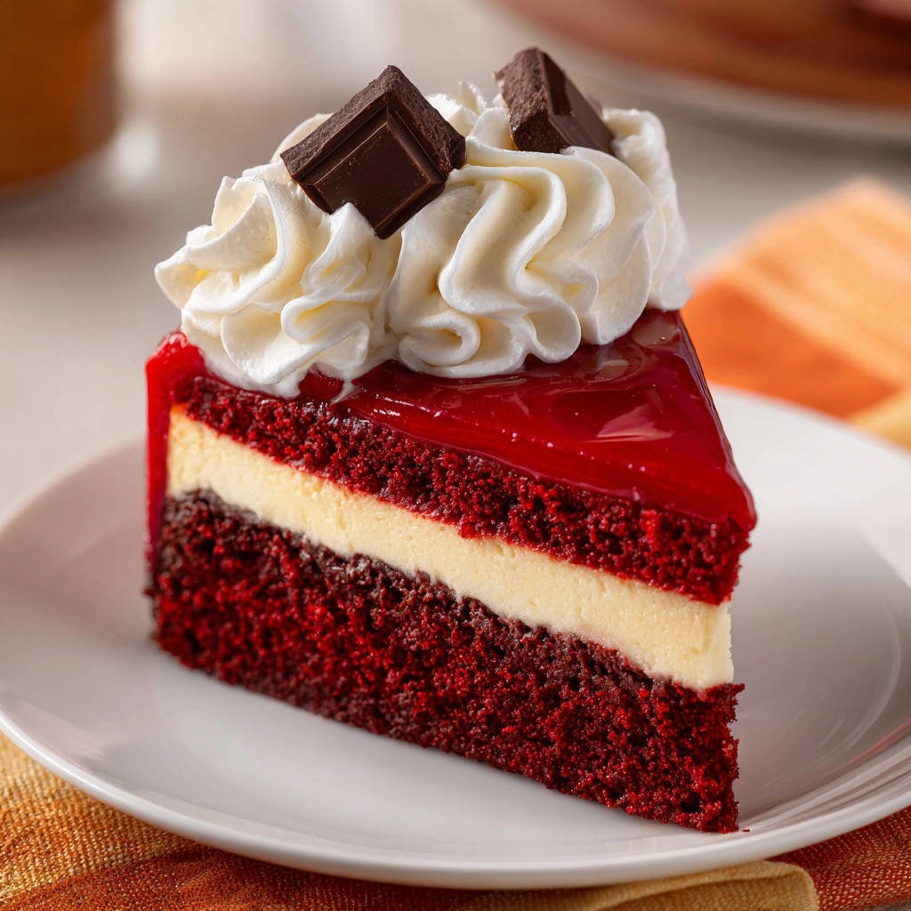 Klassischer Red Velvet Cake als angeschnittene Torte mit Frischkäsefüllung, rotem Gelee und Schlagsahne garniert.