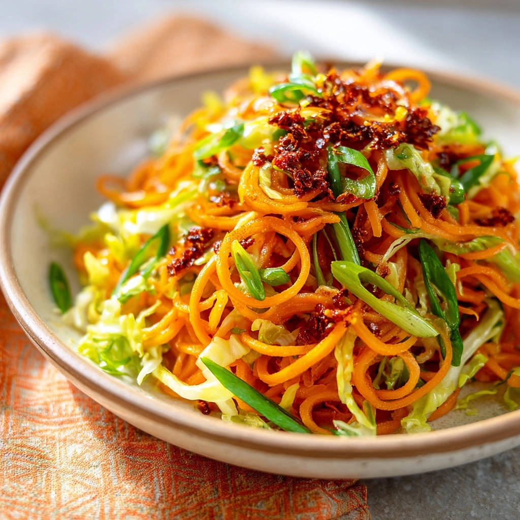 Knackige asiatische Gemüsenudeln als Nahaufnahme des garnierten Tellers mit Frühlingszwiebeln und Chili-Flocken.