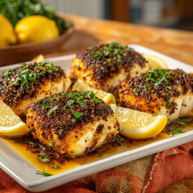 Knusprig gebackener Fisch mit Kräuter-Zitronen-Kruste, serviert mit Zitronenspalten auf einem weißen Teller.