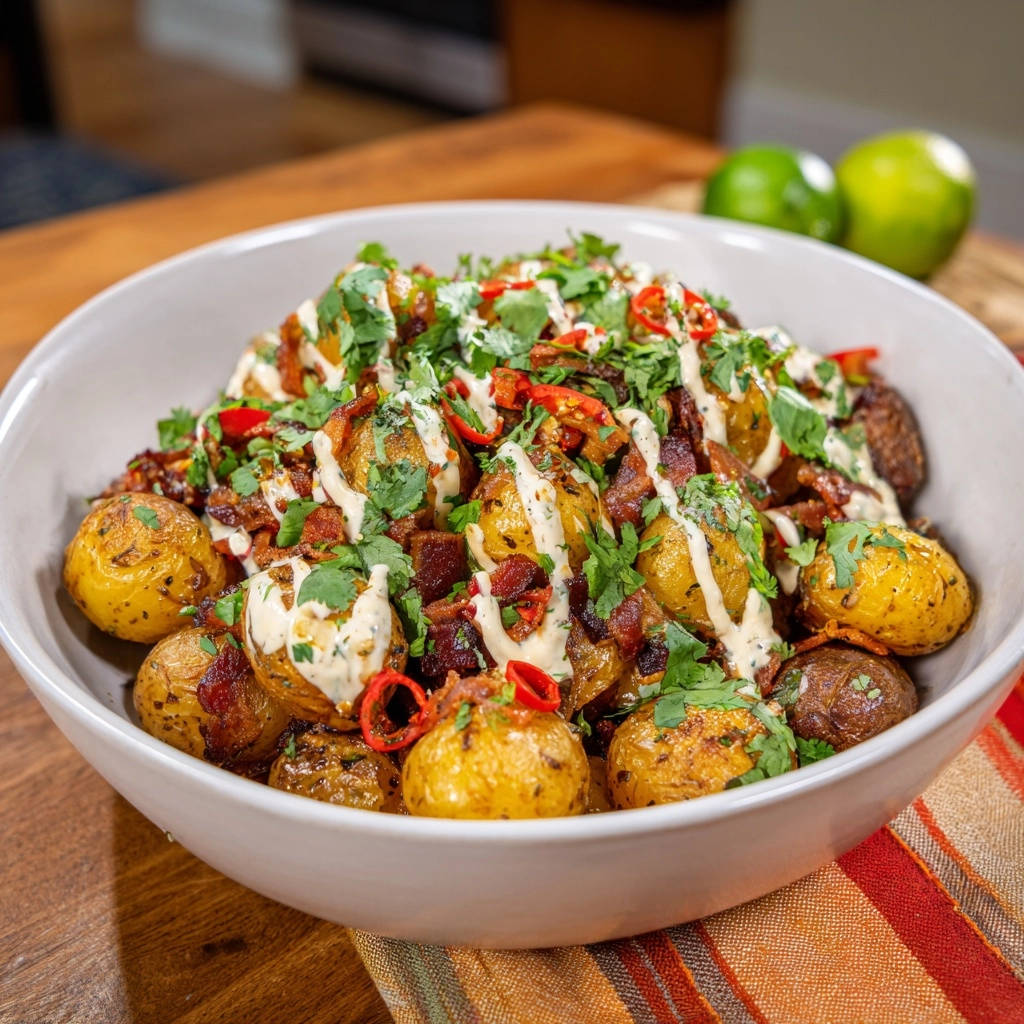Knusprige Babykartoffeln mit Bacon und Limetten-Creme, garniert mit frischer Petersilie und Chilischeiben.