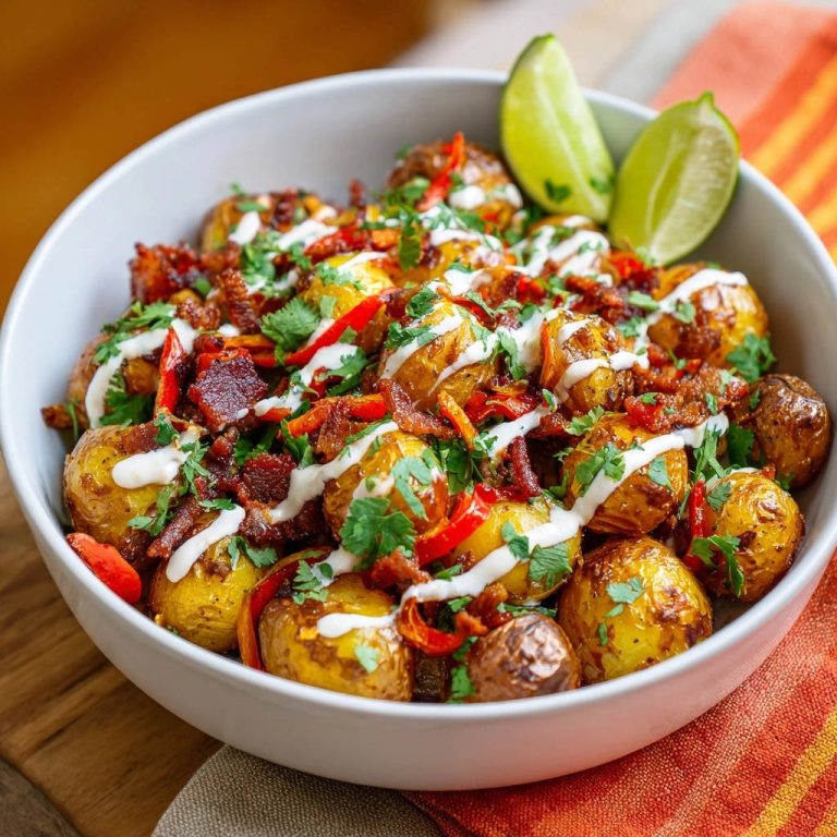 Knusprige Babykartoffeln mit Bacon und Limetten-Creme, garniert mit frischer Petersilie und serviert mit Limettenspalten.