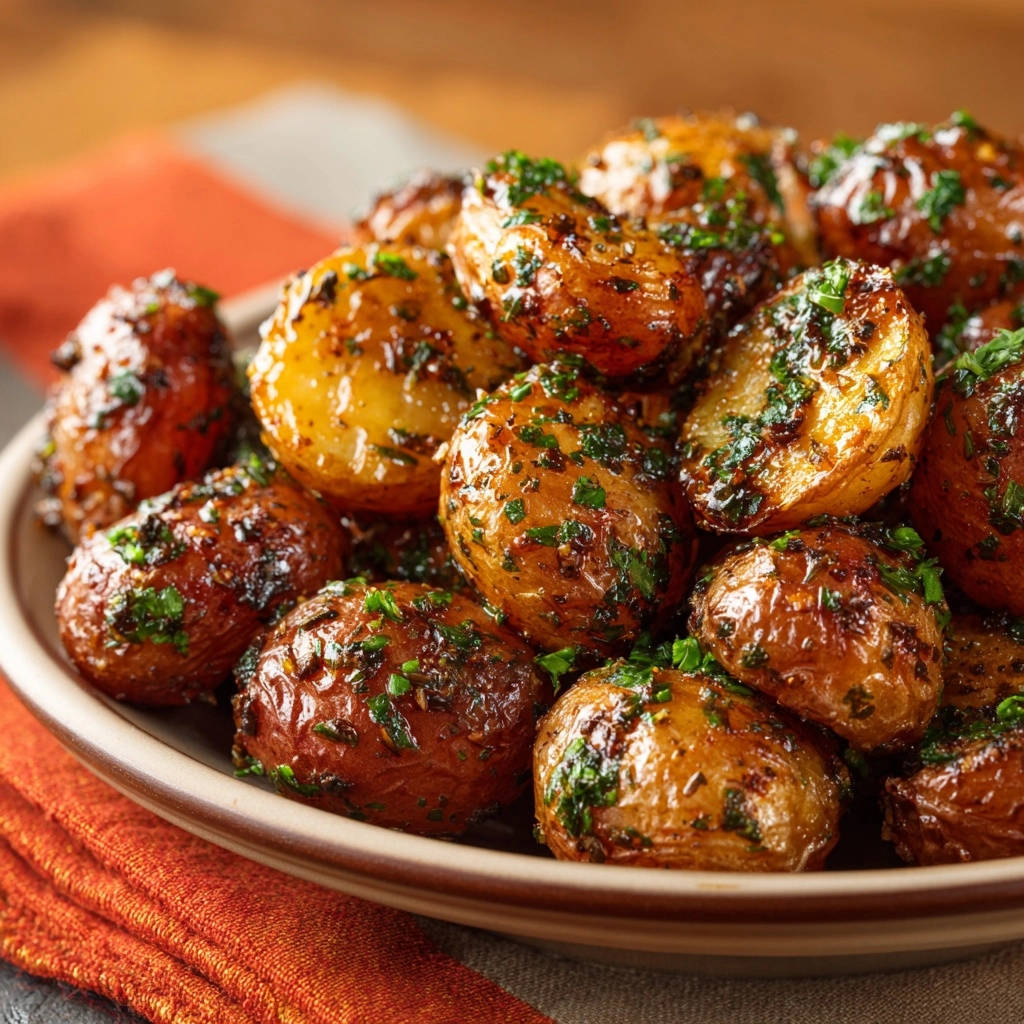 Knusprige Kräuter-Knoblauch-Kartoffeln, hier im Detail mit frischer Kräutergarnitur auf den goldbraunen Kartoffeln.