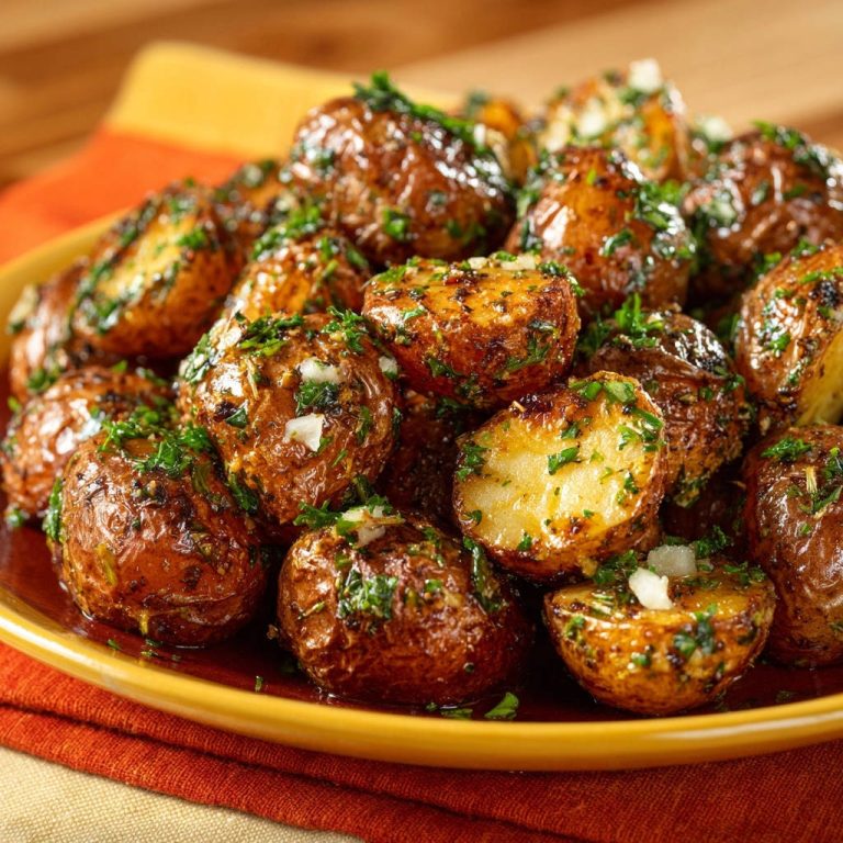 Knusprige Kräuter-Knoblauch-Kartoffeln angeschnitten, die innen weich und außen goldbraun sind, mit frischer Petersilie garniert.