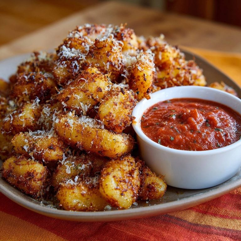 Knusprige Pfannen-Gnocchi mit Tomatensauce als Nahaufnahme mit geriebenem Parmesan und einem Dip.