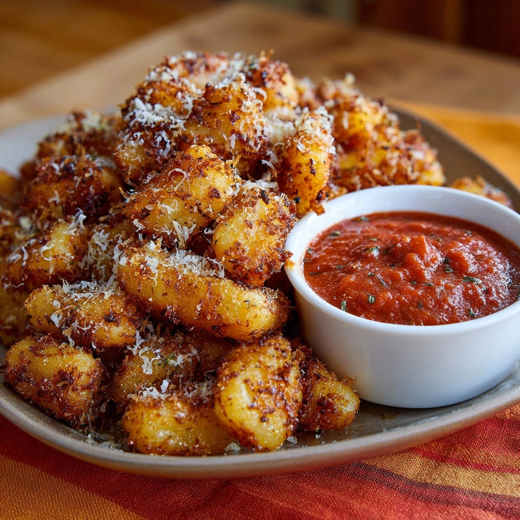Knusprige Pfannen-Gnocchi mit Tomatensauce als Nahaufnahme mit geriebenem Parmesan und einem Dip.