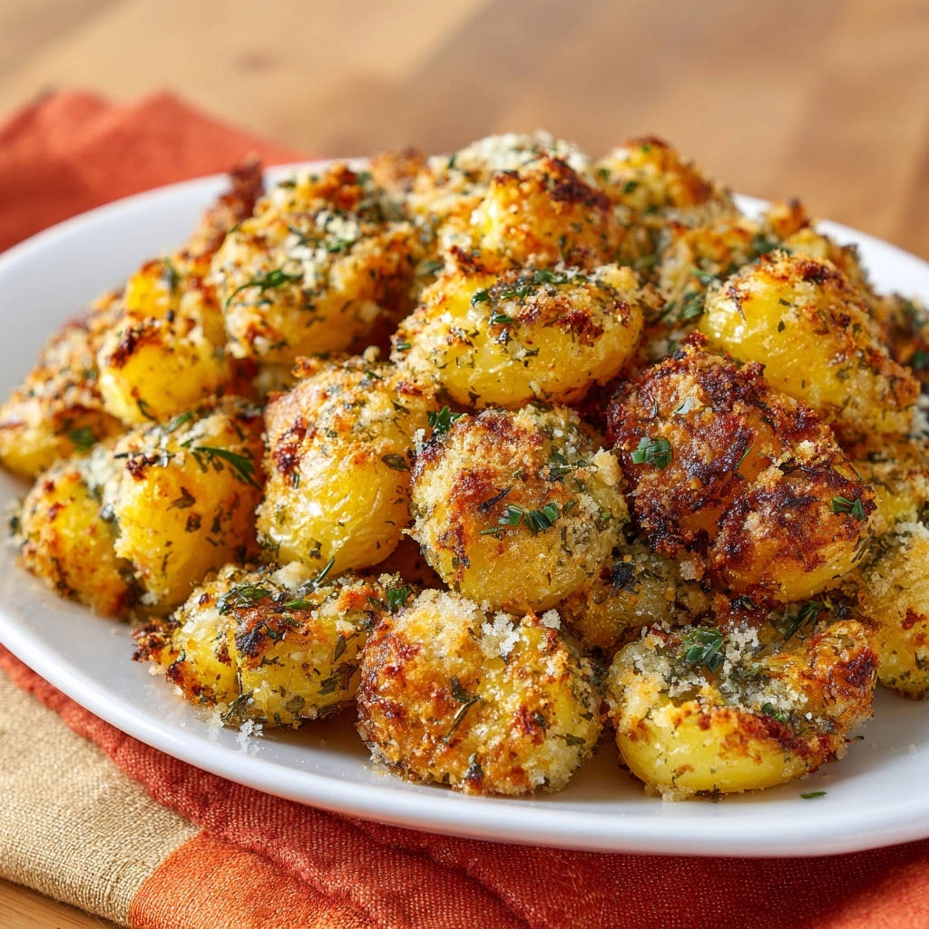 Knusprige Smashed Potatoes mit dem Panko-Trick, detailreiche Nahaufnahme des goldbraunen Toppings und der Kräuter.