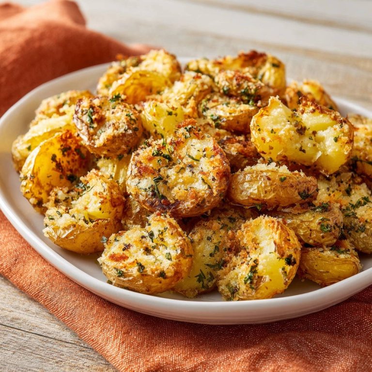 Knusprige Smashed Potatoes mit Panko-Trick, nahaufgenommen mit Fokus auf die goldbraune Kruste und Kräutern.