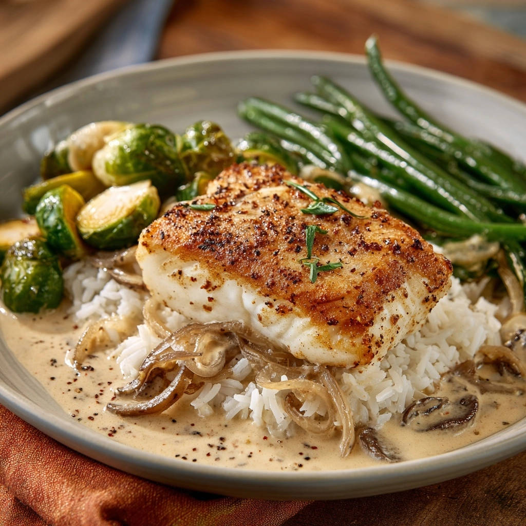 Knuspriges Fischfilet auf Zwiebelreis mit cremiger Pfeffer-Thymian-Sauce und Röstgemüse, Nahaufnahme des perfekt gebratenen Fischs mit Kräutern garniert.