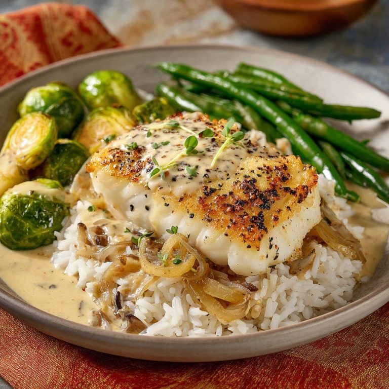 Knuspriges Fischfilet auf Zwiebelreis mit cremiger Pfeffer-Thymian-Sauce, Röstgemüse und grünen Bohnen, Nahaufnahme des servierten Gerichts.