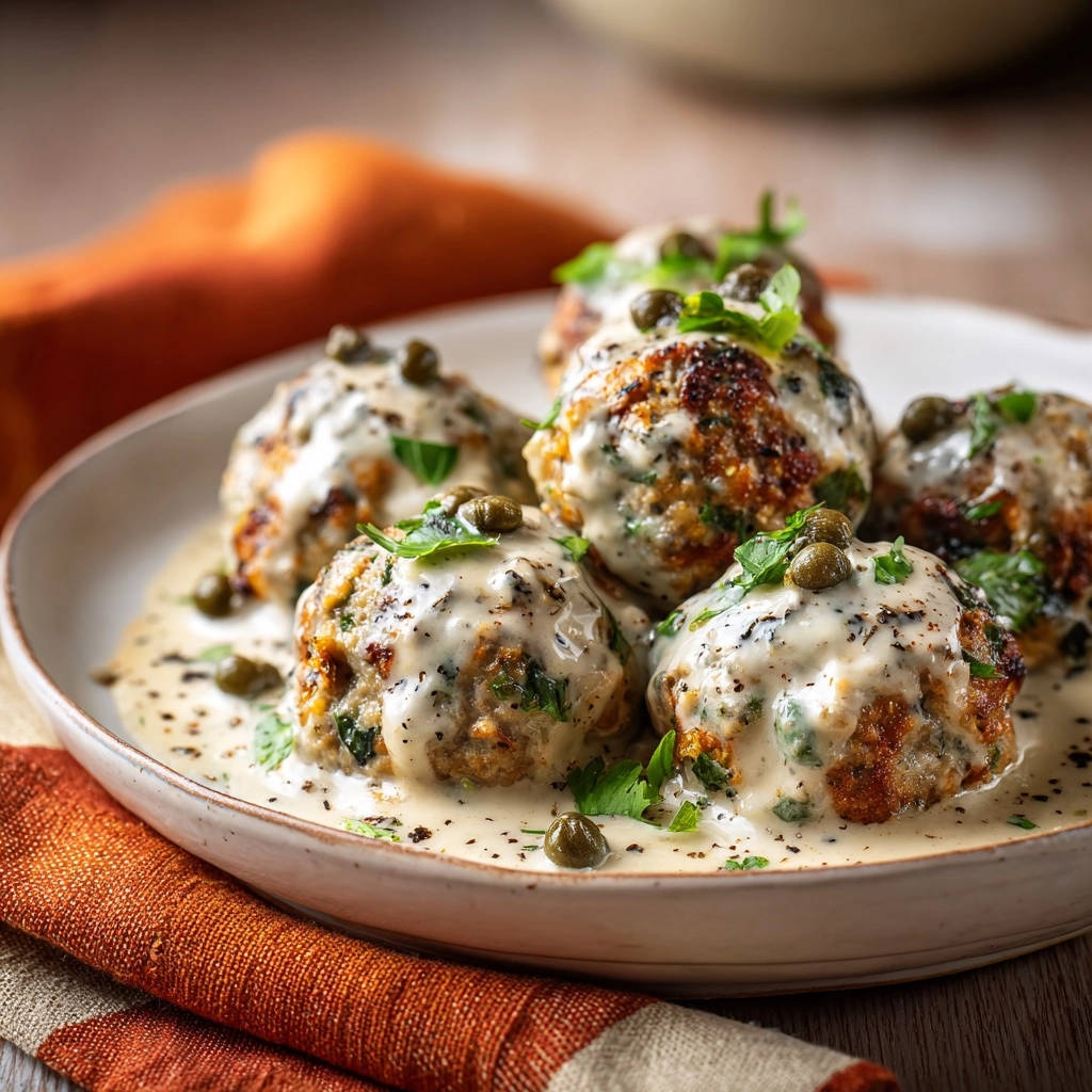 Königsberger Klopse in einer cremigen Kapern-Weißweinsauce, garniert mit frischer Petersilie und Kapern.