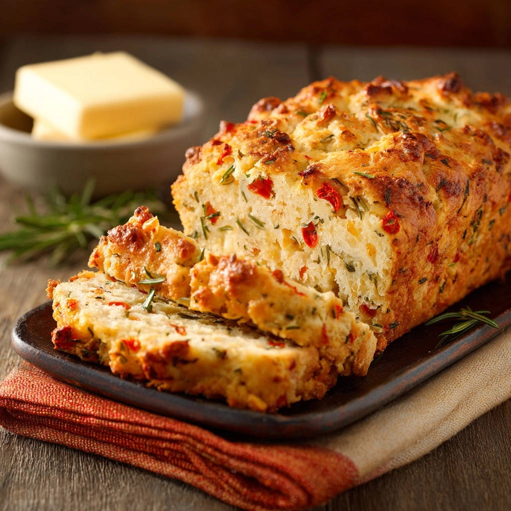 Rustikales Kräuter-Paprika-Brot angeschnitten auf einem Holzbrett mit Butter im Hintergrund.