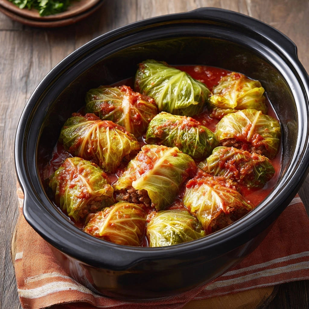 Deftige Krautwickel aus dem Slow Cooker mit saftiger Füllung in Tomatensoße, Nahaufnahme