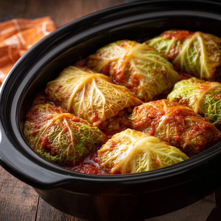 Deftige Krautwickel aus dem Slow Cooker, nahaufnahme in schwarzer Keramikschüssel mit Tomatensauce.