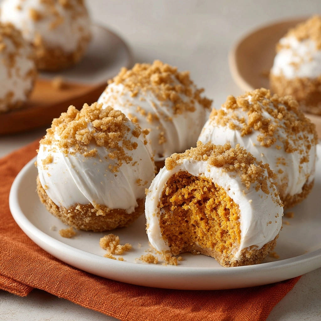 Kürbis-Cheesecake-Bällchen angeschnitten auf einem Teller, mit weißem Frosting und Streuseln, innen saftig und orangefarben.