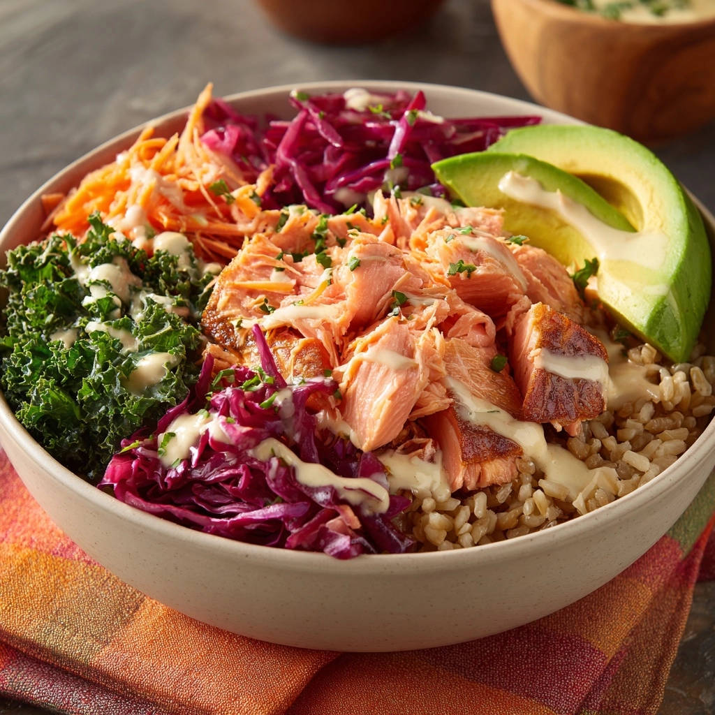 Saftige Lachs Bowl mit cremigem Dressing, Nahaufnahme der einzelnen Komponenten und des cremigen Toppings.