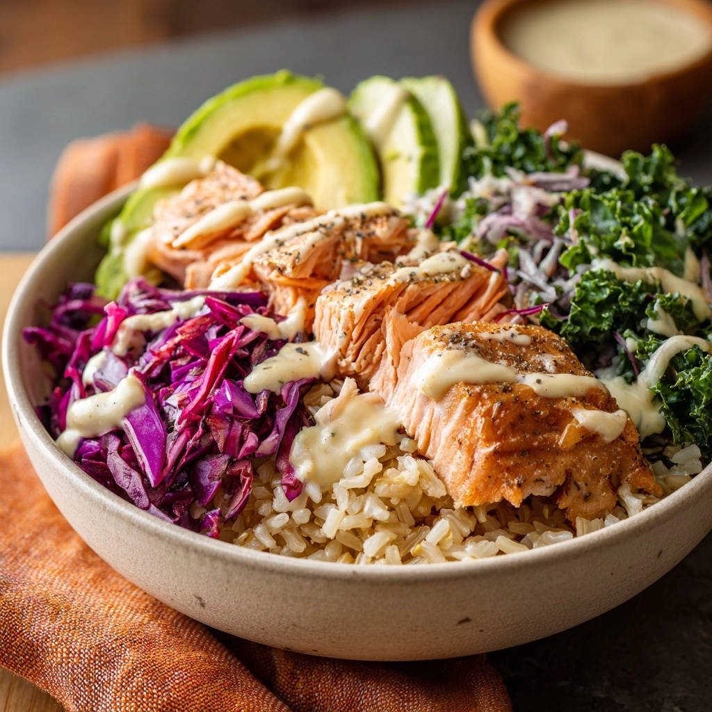 Saftige Lachs Bowl mit cremigem Dressing, Nahaufnahme der einzelnen Komponenten und des Lachs mit Gewürzen.