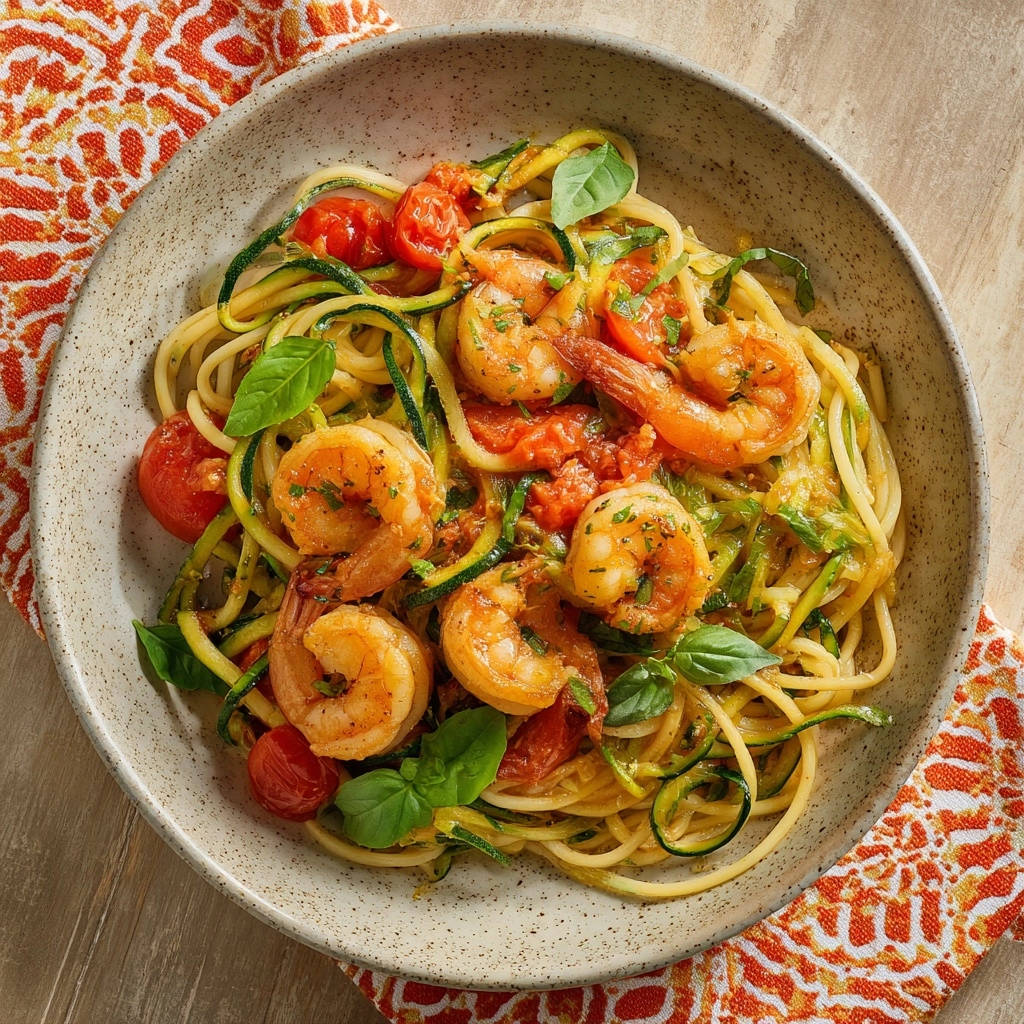 Linguine mit Knoblauch-Garnelen und Zucchini, serviert in einer Schüssel mit frischem Basilikum und Kirschtomaten, Nahaufnahme