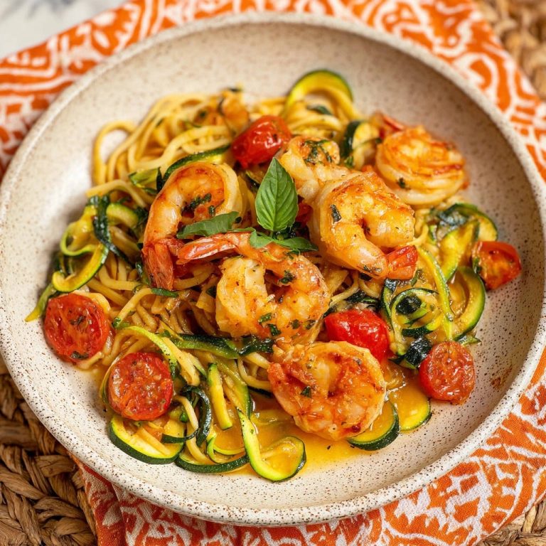 Linguine mit Knoblauch-Garnelen und Zucchini, serviert in einer Schüssel mit einem detaillierten Blick auf die Garnelen und Zucchini-Nudeln.