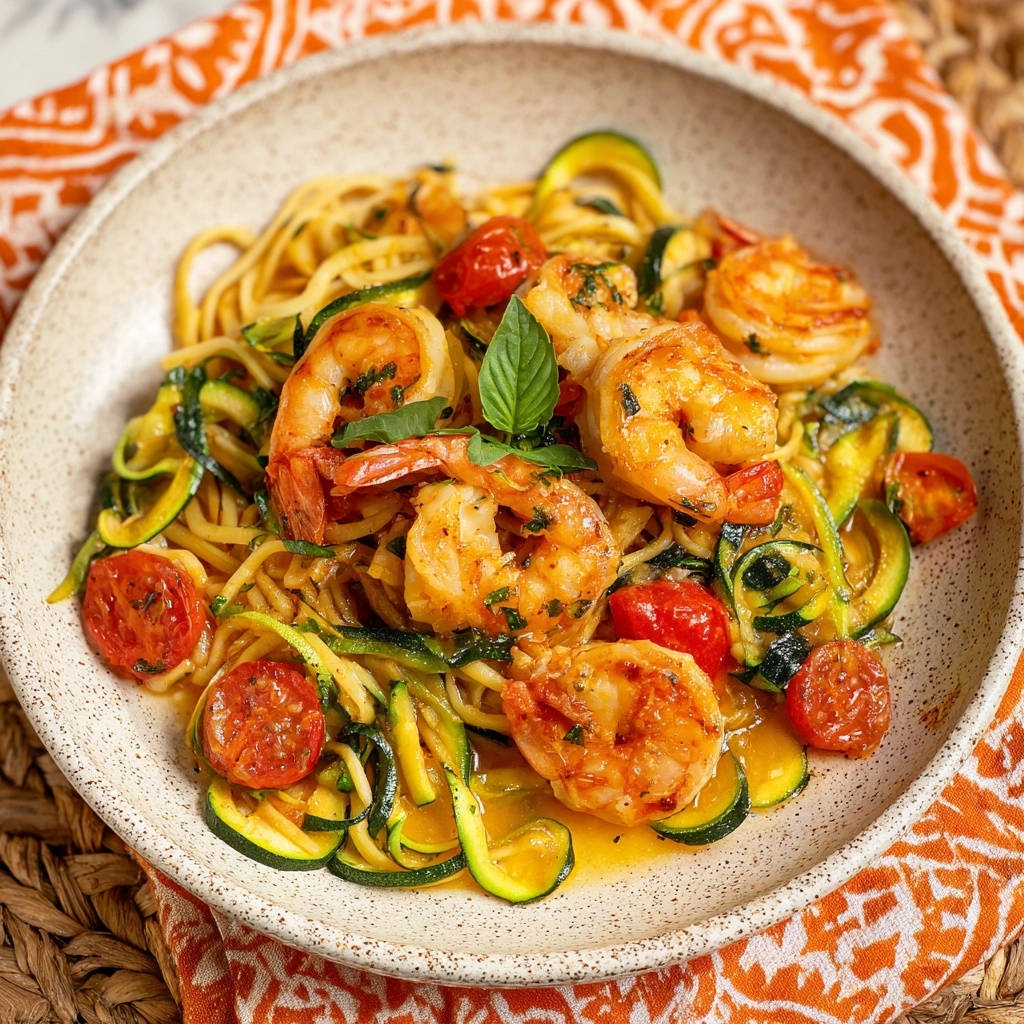 Linguine mit Knoblauch-Garnelen und Zucchini, serviert in einer Schüssel mit einem detaillierten Blick auf die Garnelen und Zucchini-Nudeln.