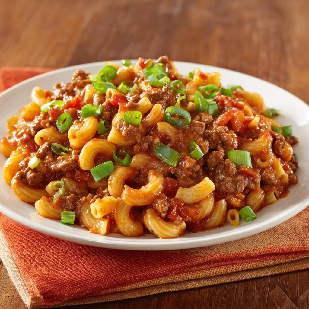 Macaroni mit deftiger Hackfleischsoße, eine Nahaufnahme einer Portion garniert mit Frühlingszwiebeln auf einem Teller.