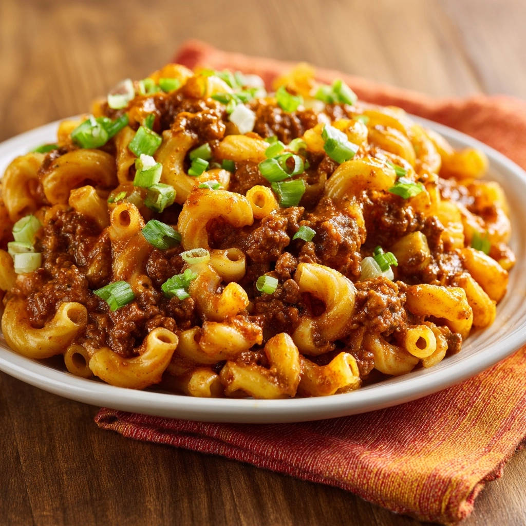 Macaroni mit deftiger Hackfleischsoße, serviert auf einem Teller und garniert mit frischen Frühlingszwiebeln.