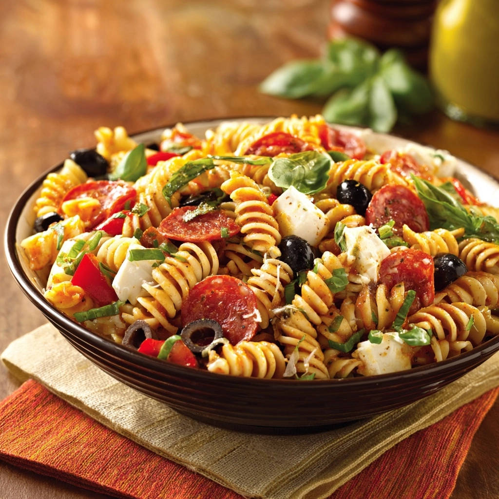 Mediterraner Fusilli-Salat mit Salami, Mozzarella und Oliven, nahaufnahme der einzelnen Zutaten