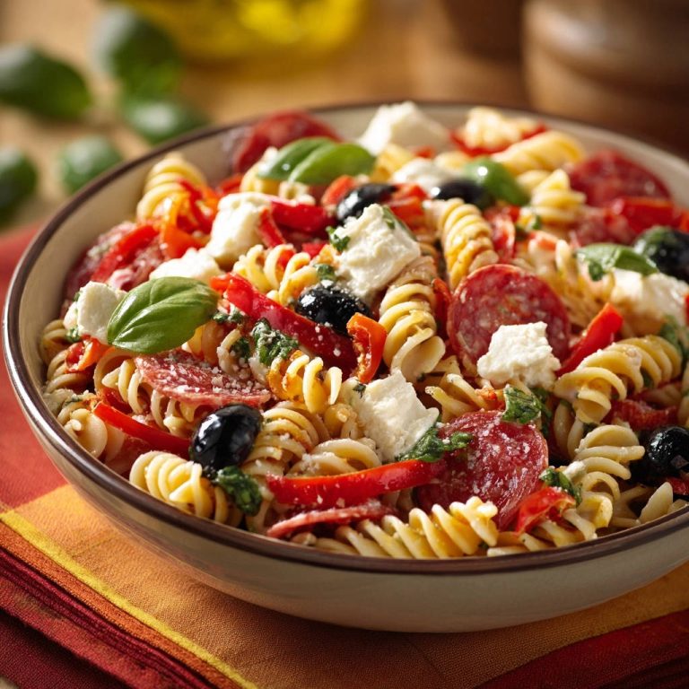 Mediterraner Fusilli-Salat in einer Schüssel, Nahaufnahme mit Salami, Mozzarella, Oliven und Basilikum.