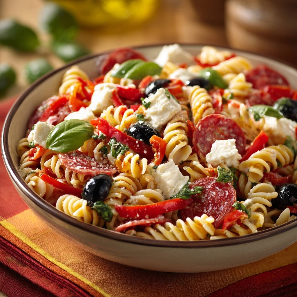 Mediterraner Fusilli-Salat in einer Schüssel, Nahaufnahme mit Salami, Mozzarella, Oliven und Basilikum.