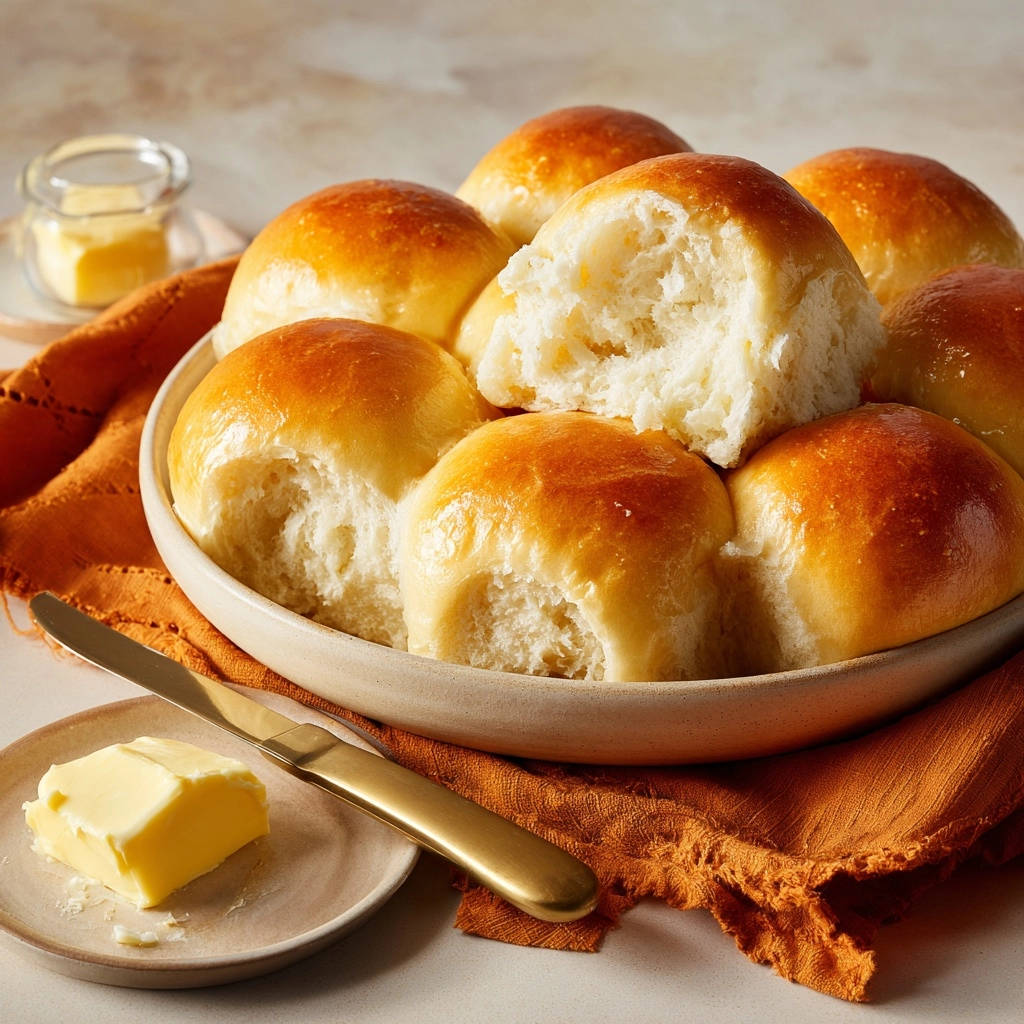 Meine goldbraunen Milchbrötchen, angechnitten und mit einer Butterportion daneben, zeigen ihre luftige Innenseite.