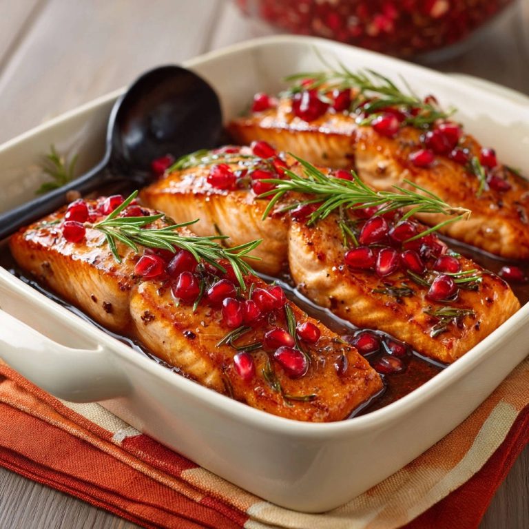 Festlicher Ofenlachs mit Granatapfel-Rosmarin-Glasur, nahaufnahme der saftigen Garnitur mit Granatapfelkernen und Rosmarin.