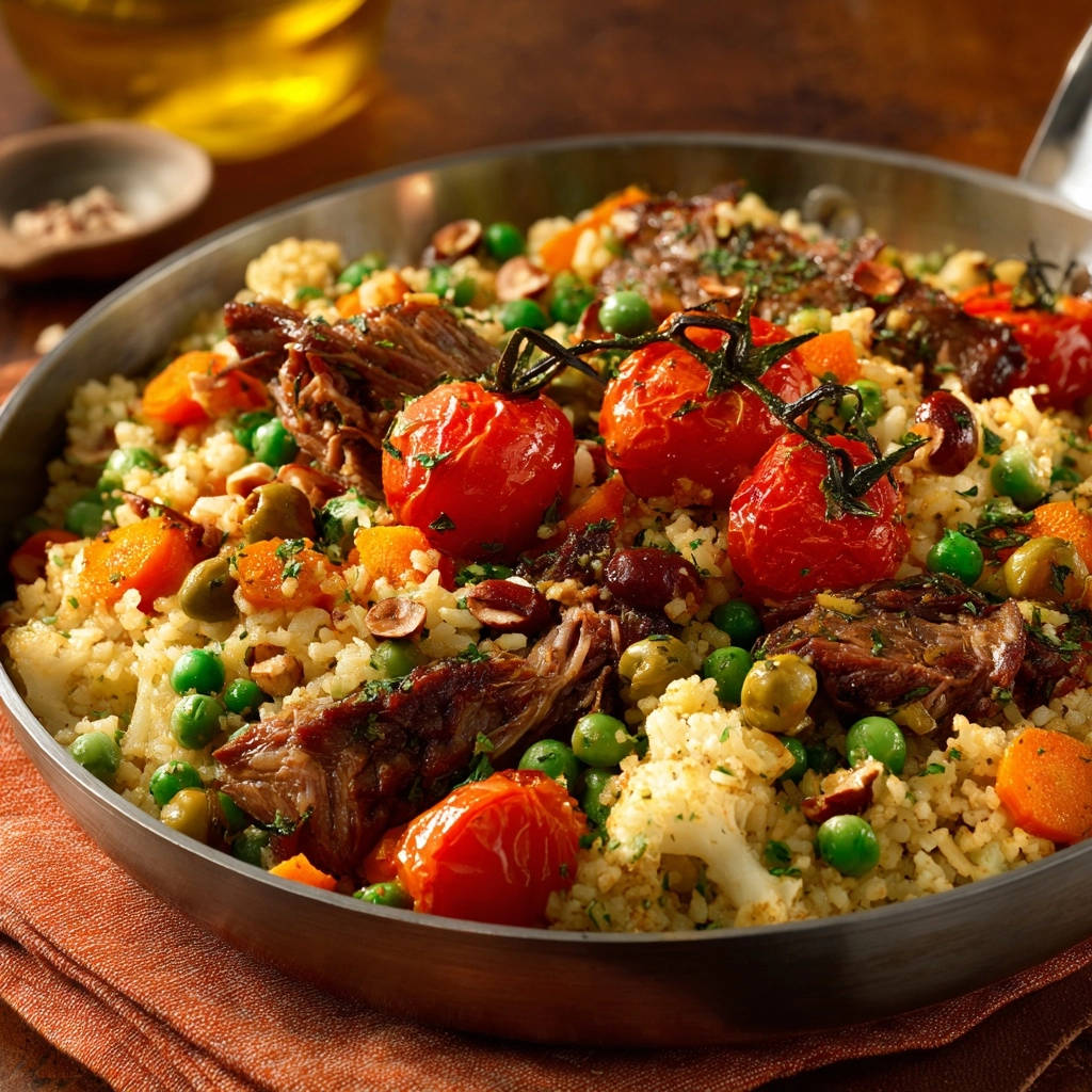 Orientalischer Reistopf mit Rind und Gemüse, Nahaufnahme der saftigen Rindfleischstücke, Kirschtomaten und Erbsen im Reisgericht.