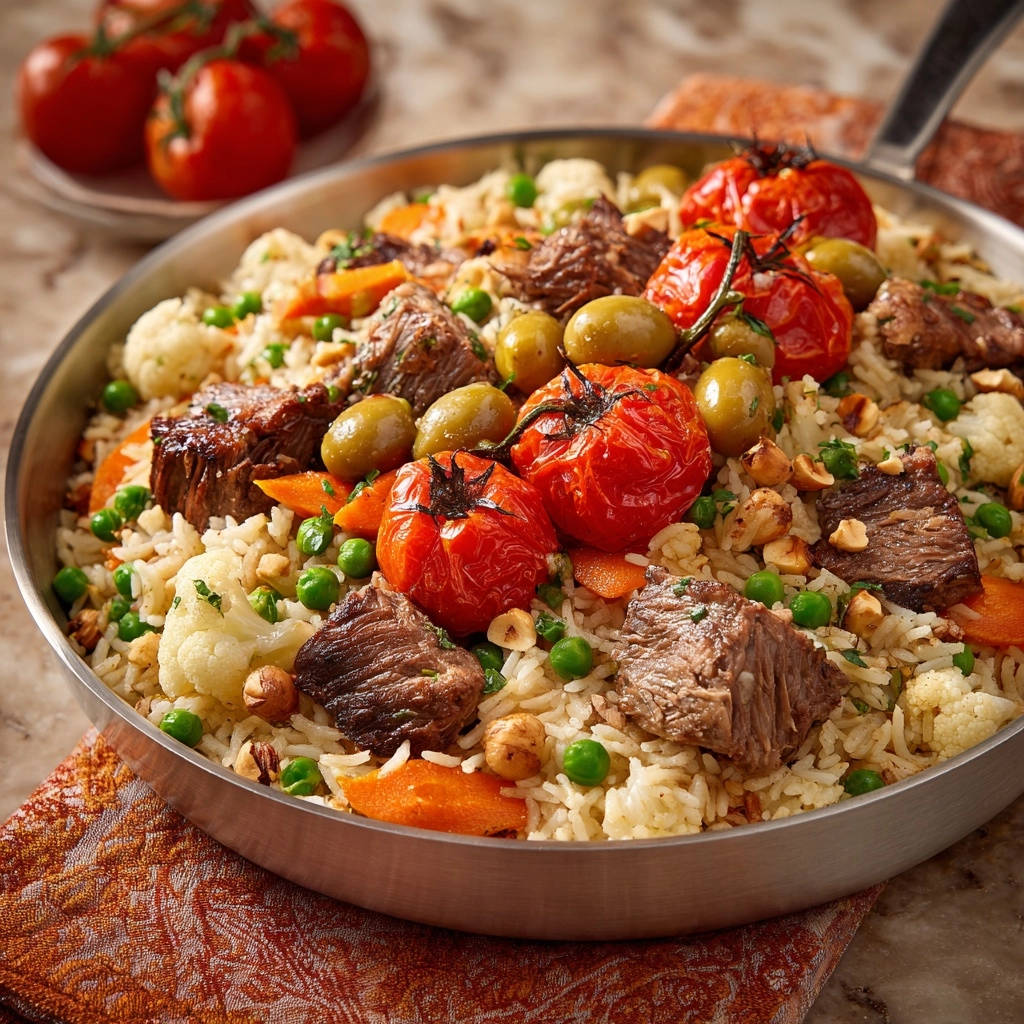 Orientalischer Reistopf mit Rind und Gemüse in einer Pfanne, Nahaufnahme der saftigen Zutaten und des Reises.