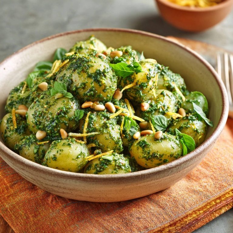 Pesto-Kartoffeln Mediterran nahaufnahme garniert mit frischen Basilikumblättern und Pinienkernen in einer Schüssel.