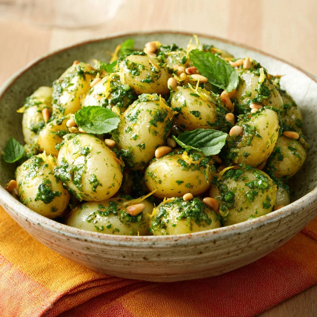 Pesto-Kartoffeln Mediterran serviert in einer Schüssel, garniert mit frischer Minze und gerösteten Pinienkernen.