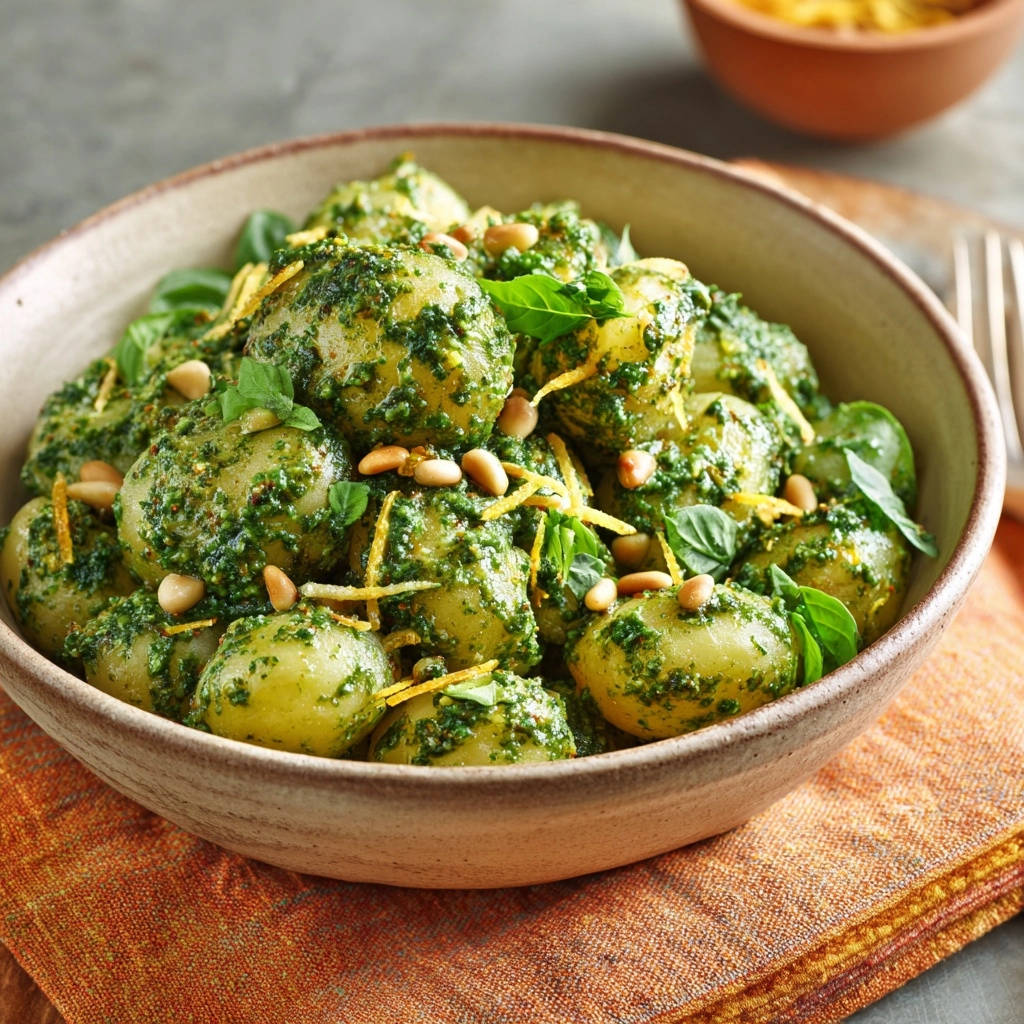 Pesto-Kartoffeln Mediterran nahaufnahme garniert mit frischen Basilikumblättern und Pinienkernen in einer Schüssel.