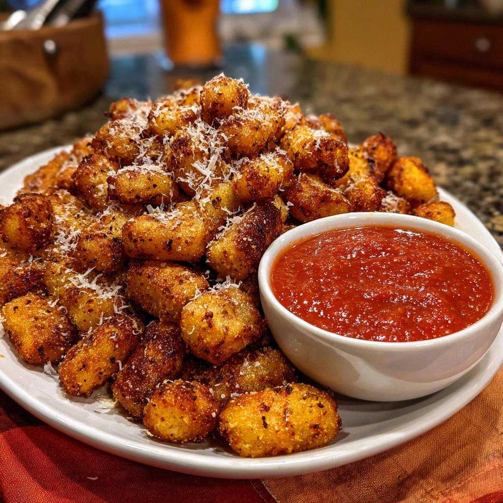 Knusprige Pfannen-Gnocchi mit Tomatensauce, garniert mit geriebenem Parmesan, nahaufnahme auf einem Teller serviert.