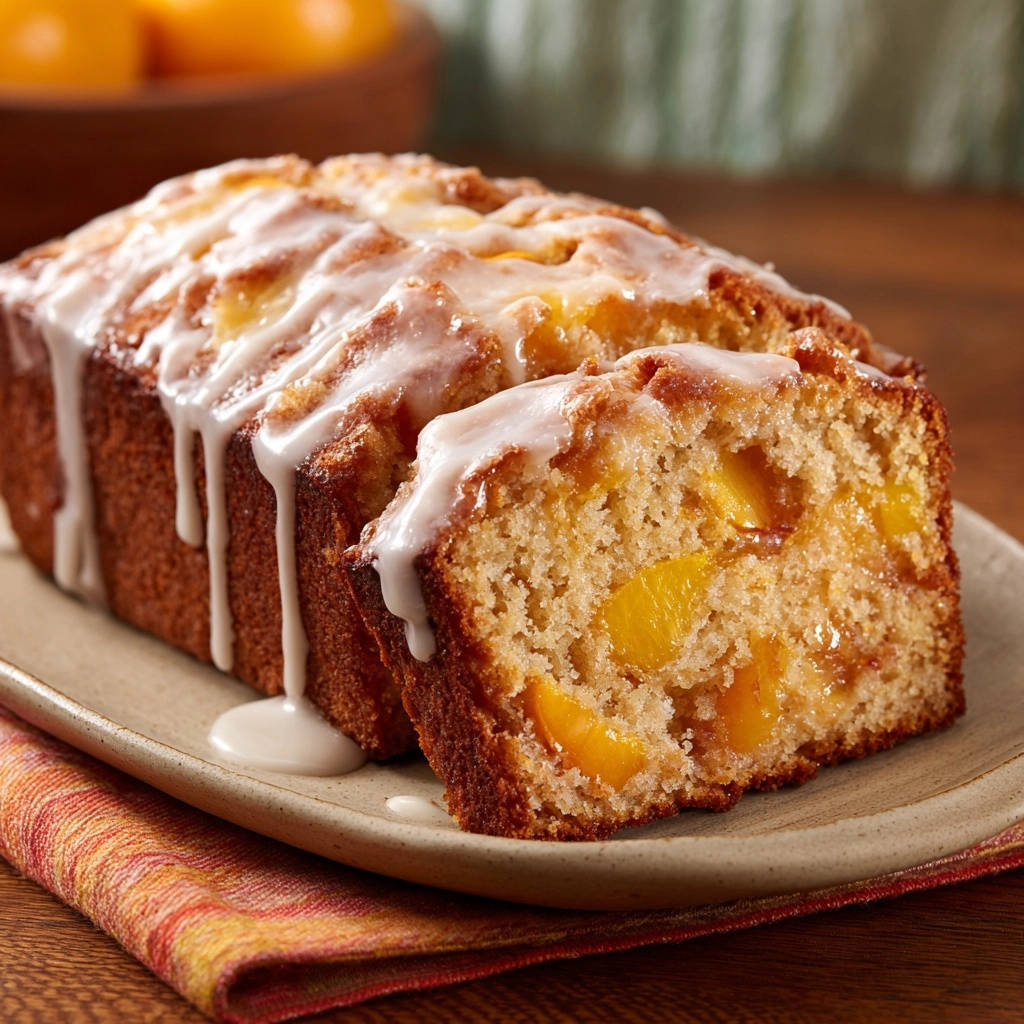 Saftiger Pfirsich-Zitronen-Kuchen angeschnitten mit sichtbaren Fruchtstücken und Zitronenglasur.