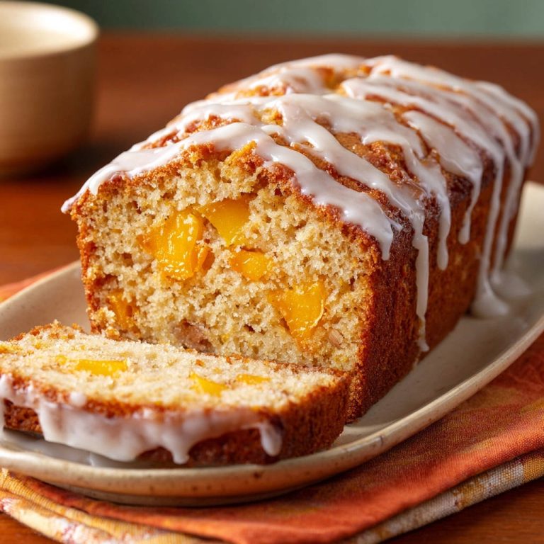 Saftiger Pfirsich-Zitronen-Kuchen angeschnitten, mit süßer Zitronenglasur und saftigen Pfirsichstücken im Inneren.