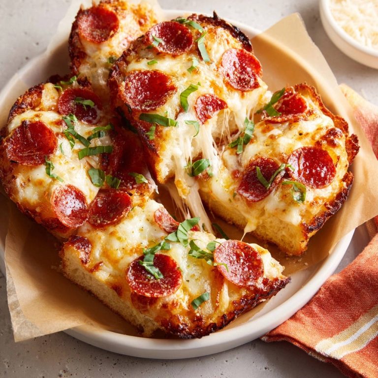 Super Schnelle Pizza-Brote angeschnitten mit geschmolzenem Käse und Pepperoni, garniert mit frischen Kräutern.