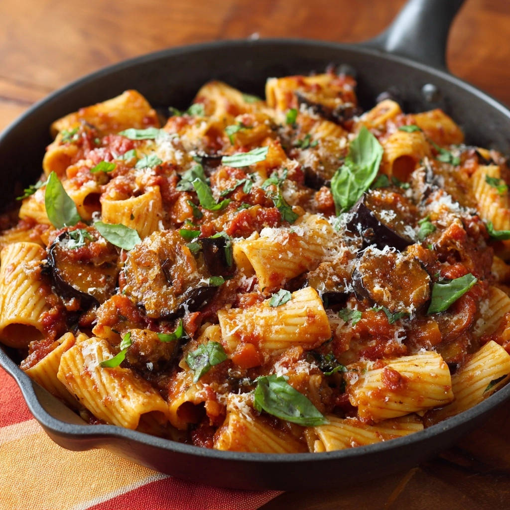 Rigatoni mit herzhaftem Auberginen-Ragu in einer Gusspfanne, nahaufnahme mit frischem Basilikum und Parmesan.